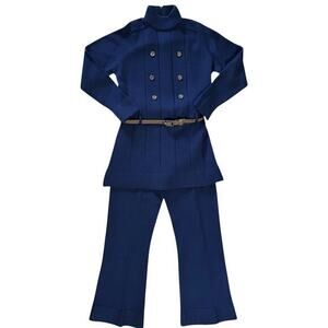 Vintage Glenmore Navy Blue Wool Knit 2-Piece Mod Sweater Set: Tunic Top Pants